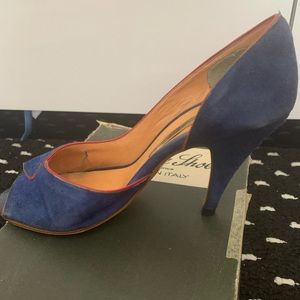 Blue Suede with red trim heel